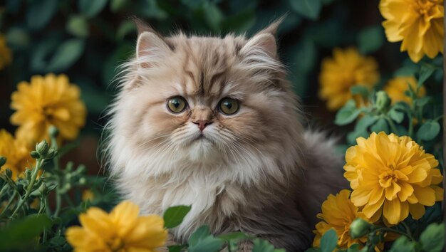 Feliz e fofinho gatinho lindo cercado de flores amarelas frescas