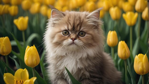 Feliz e fofinho gatinho lindo cercado de flores amarelas frescas