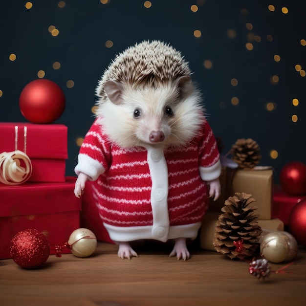 Feliz e fofo o ouriço vestindo roupas de Natal animal fofo