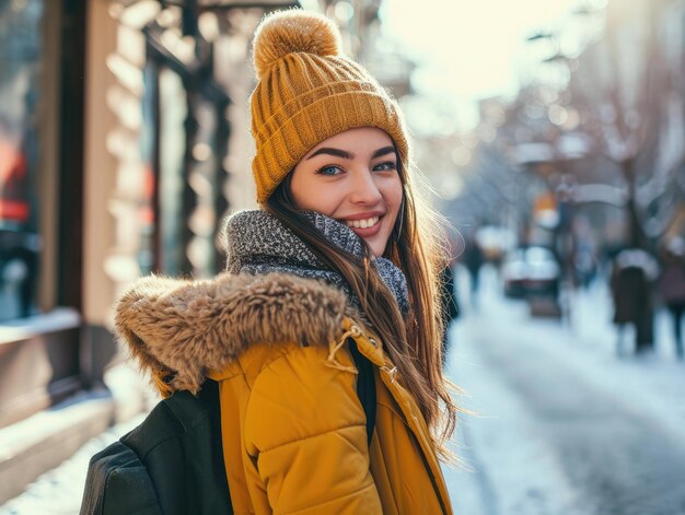 Foto feliz e linda garota ao ar livre no inverno