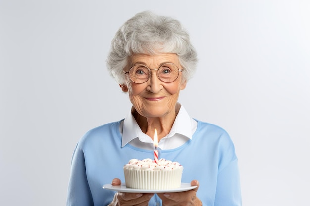 Feliz e linda velha segurando bolo de aniversário com velas isoladas em fundo branco limpo