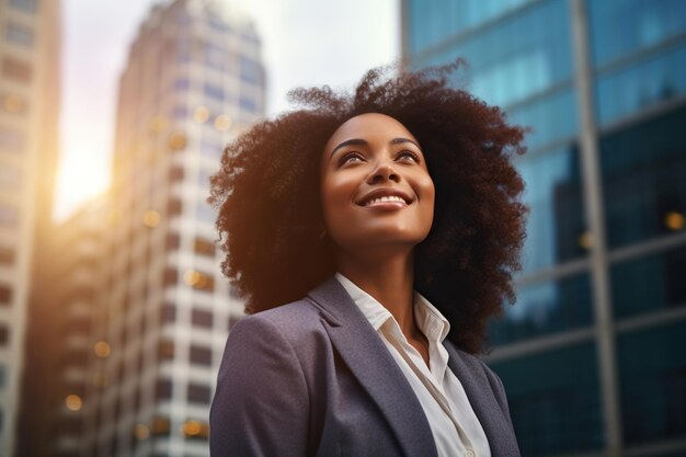 Feliz e rica empresária negra bem sucedida em pé na cidade grande.