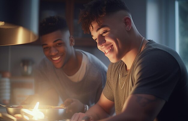 Feliz e sexy jovem casal gay cozinhando juntos em casa