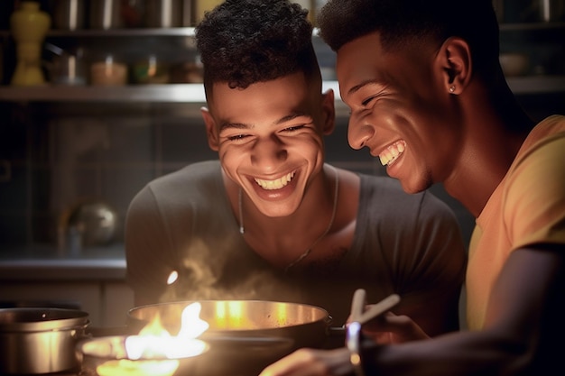 Feliz e sexy jovem casal gay cozinhando juntos em casa