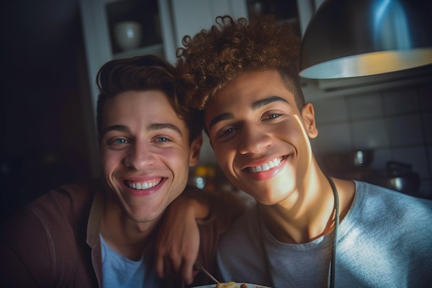 Feliz e sexy jovem casal gay cozinhando juntos em casa