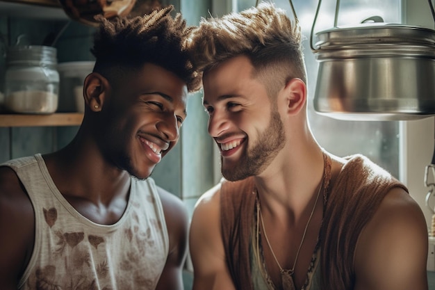Foto feliz e sexy jovem casal gay cozinhando juntos em casa