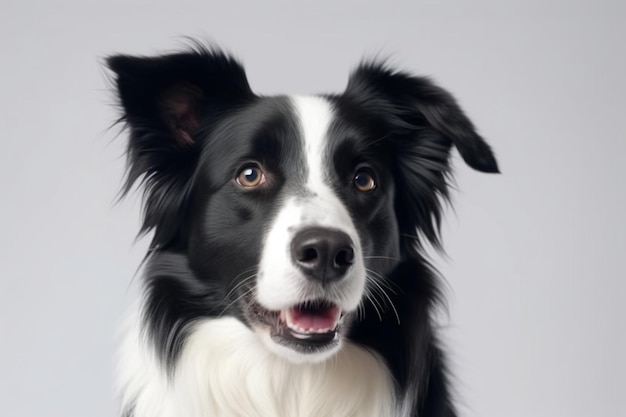 Feliz e sorridente cachorro border collie olhando para a câmera isolada no fundo branco