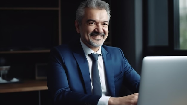 Feliz e sorridente homem de negócios profissional de meia idade sentado na mesa no escritório trabalhando no computador portátil rindo do local de trabalho Generativo ai