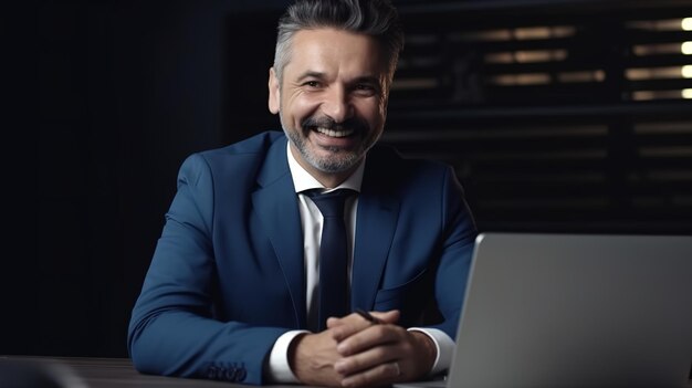 Feliz e sorridente homem de negócios profissional de meia idade sentado na mesa no escritório trabalhando no computador portátil rindo do local de trabalho Generativo ai