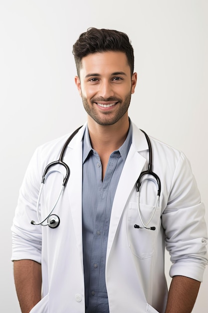 feliz e sorridente jovem médico árabe isolado em fundo branco