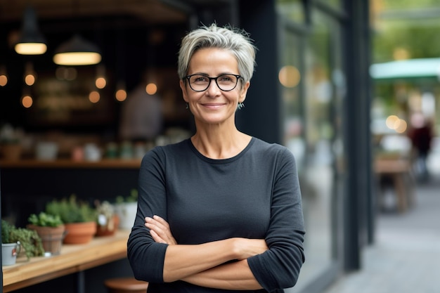 Feliz e sorridente mulher idosa de meia idade, pequena proprietária de empresa local, do lado de fora do restaurante