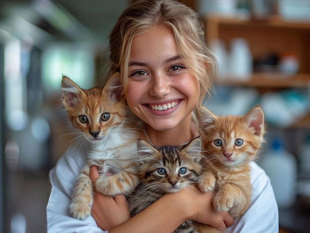 Feliz e sorridente veterinária segurando gatinhos bonitos na clínica veterináriaMacroAI Generative