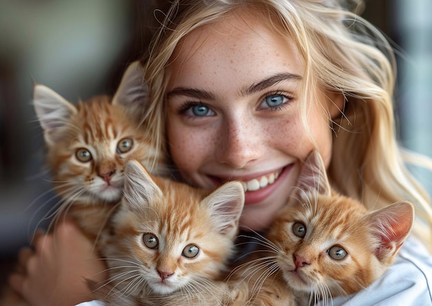 Foto feliz e sorridente veterinária segurando gatinhos bonitos na clínica veterináriamacroai generative