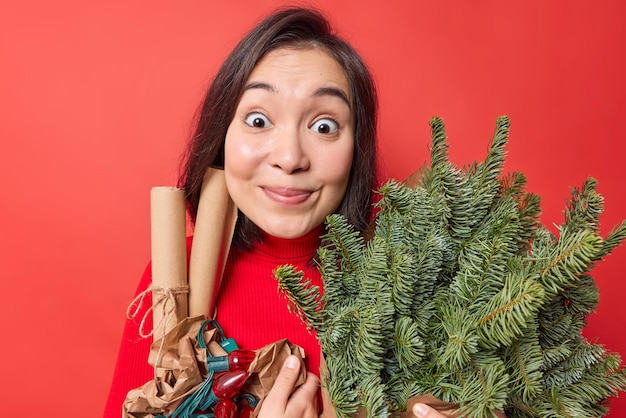 Feliz e surpreendida jovem asiática olha com olhos cheios de alegria sente-se satisfeito segura ramos de abeto e itens para decoração aguarda para as próximas férias de inverno isoladas sobre fundo vermelho vívido