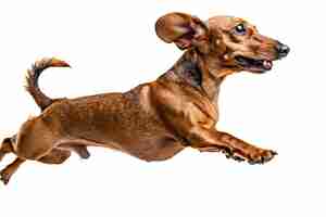 Foto feliz e um pequeno dachshund castanho louco saltando na câmera fundo isolado branco