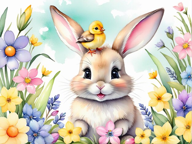 Feliz Easter aquarela cartão de saudação site banner ou cartaz com bonito coelho de Páscoa pouca galinha