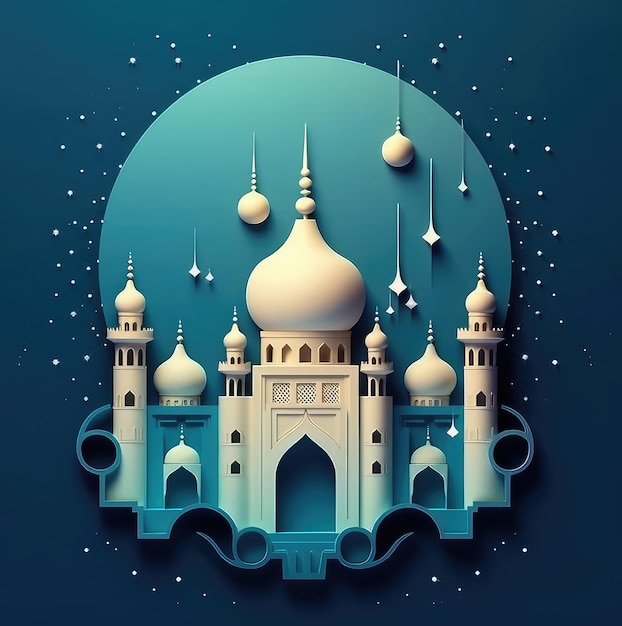 Feliz Eid Al Adha com fundo de estrelas da lua de uma mesquita