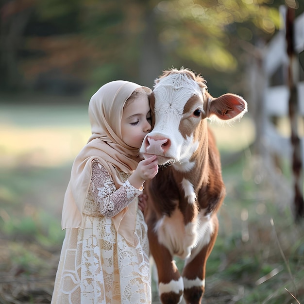 Feliz Eid al adha fundo bezerro com menina para design cartão de saudação eid al adha