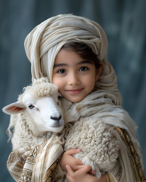 Feliz Eid al adha mubarak com pequena menina muçulmana com ovelhas Fundo de celebração de Eid al Adha