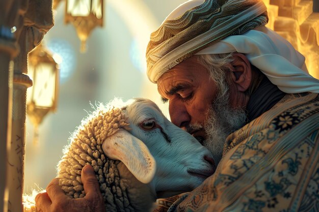 Foto feliz eid al adha ovelha com homem e lanterna islâmica para desenho cartão de saudação eid al adha