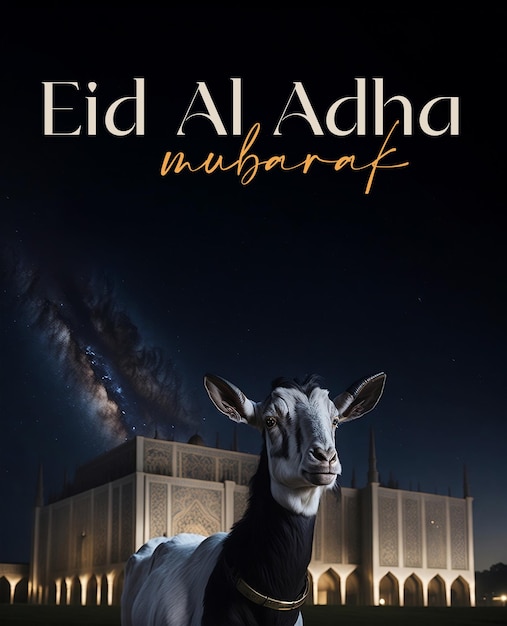 Foto feliz eid al adha post de mídia social com cabra e mesquita no espaço da cópia de fundo