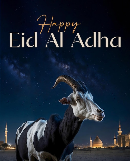 feliz eid al adha post de mídia social com cabra e mesquita no espaço da cópia de fundo