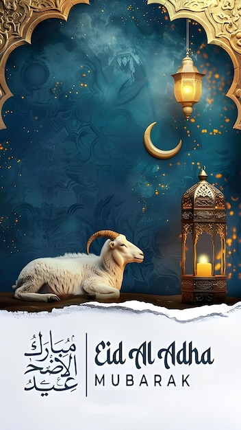 feliz eid al adha postagem de mídia social com decoração islâmica cabra ovelha árabe