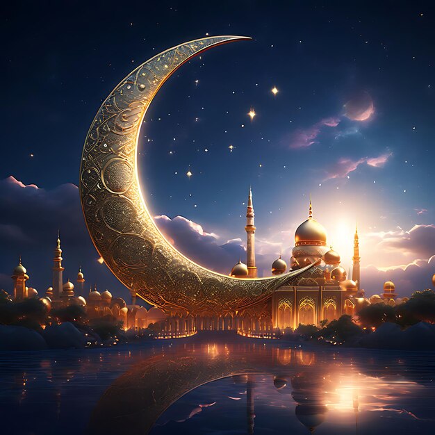 Feliz Eid Mubarak caligrafia com gravura oca lua em fundo bokeh dourado Ilustração