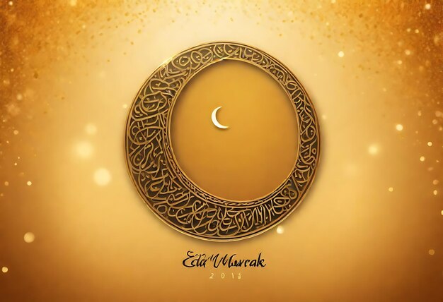 Foto feliz eid mubarak caligrafia com gravura oca lua em fundo bokeh dourado ilustração