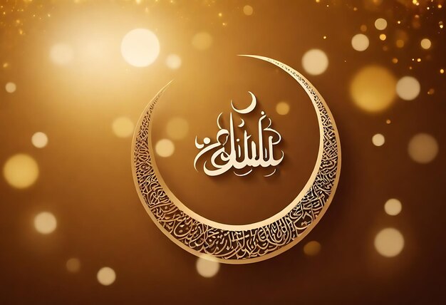 Feliz Eid Mubarak caligrafía con grabado hueco de luna en fondo de bokeh dorado Ilustración