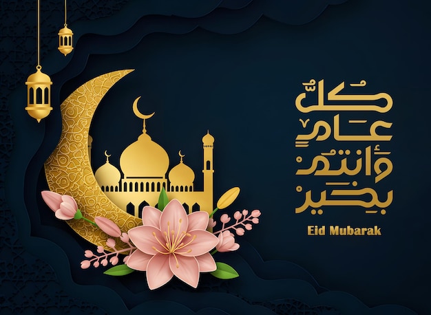 Feliz Eid Mubarak com flores e um belo desenho de corte de papel azul