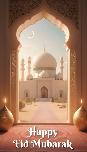 Feliz Eid Mubarak com fundo de mesquita