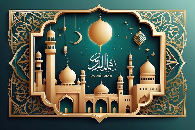 Feliz Eid Mubarak Letras de caligrafía árabe en el marco islámico ilustración vectorial