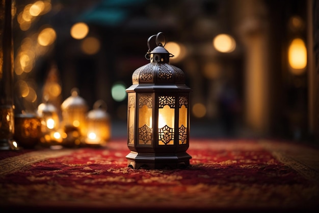 Feliz Eid Mubarak Linterna ornamentada tradicional sobre un fondo borroso