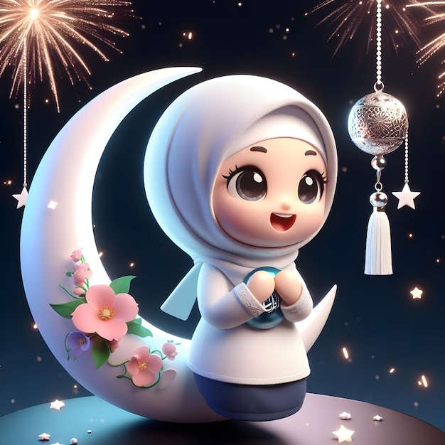 Foto feliz eid mubarak ramadão menina desenho animado ai gerador