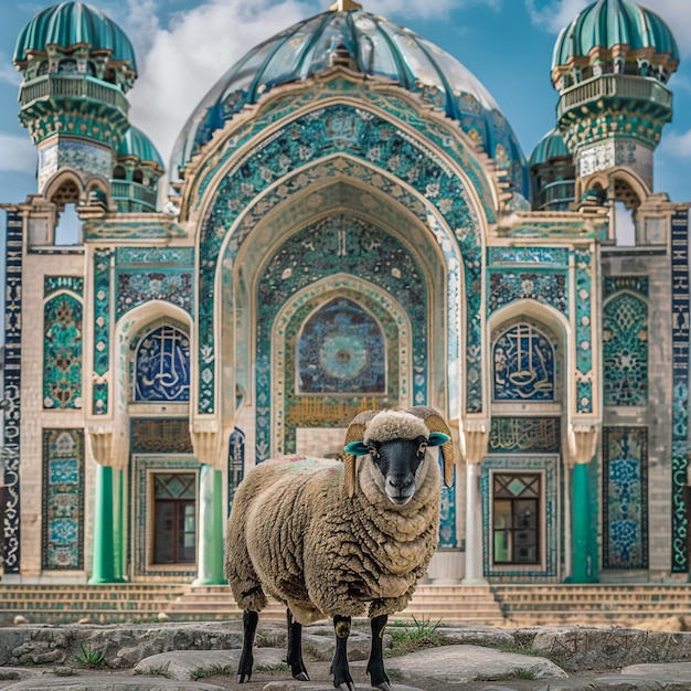 Feliz Eid Ul Adha de una oveja curiosa en la mezquita