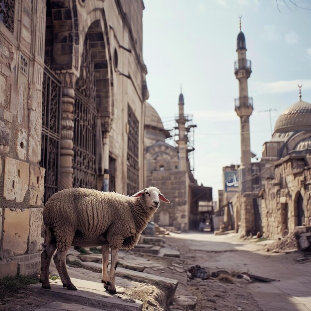 Feliz Eid Ul Adha de una oveja curiosa en la mezquita