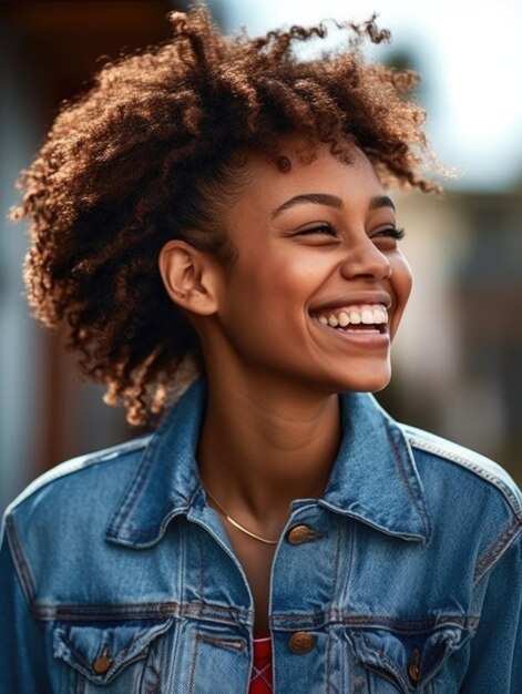 Foto feliz, elegante, de raça mista, mulher milenar com casaco de jeans e sorriso dentário.