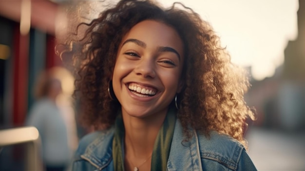 Feliz y elegante mujer milenaria de raza mixta con chaqueta vaquera y sonrisa dental