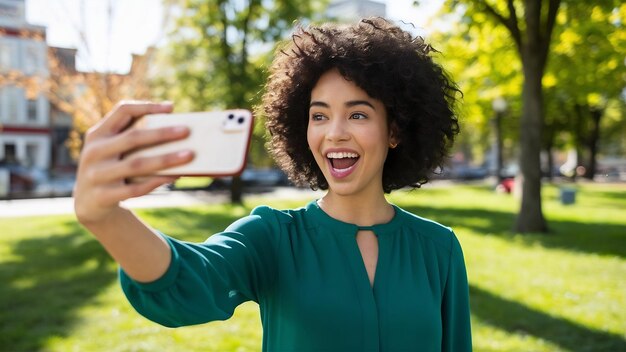 Una feliz y emocionada mujer de cabello oscuro con una maravillosa sonrisa en blusa verde está haciendo una selfie en la ciudad soleada