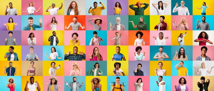 Foto feliz, emocionado, joven y adulto, diferentes hombres y mujeres gesticulan, ríen y muestran signos