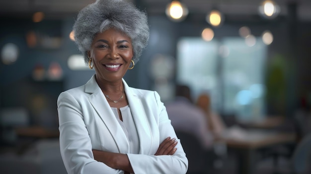 Feliz empresária de meia-idade, mulher afro, CEO, de pé no escritório, braços cruzados, sorridente, madura e confiante.