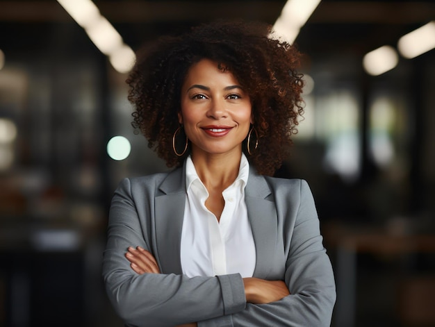 Feliz empresaria de mediana edad afro mujer ceo de pie en la oficina con los brazos cruzados Sonriente gerente ejecutivo profesional seguro y maduro orgulloso abogado hombre de negocios líder con traje blanco