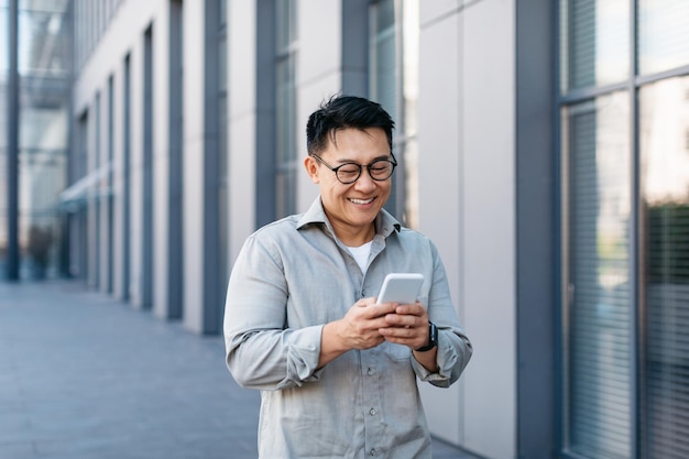 Feliz empresário asiático de meia idade usando smartphone e digitando mensagens conversando com clientes online caminhando ao ar livre