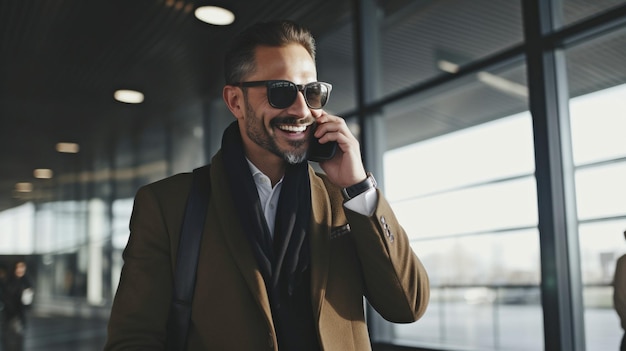 Feliz empresário rico usando Generative AI enquanto está em um aeroporto e falando em seu telefone