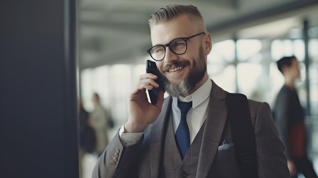 Feliz empresário rico usando Generative AI enquanto está em um aeroporto e falando em seu telefone