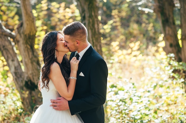 Feliz y enamorado, la novia y el novio caminan en el parque de otoño el día de su boda