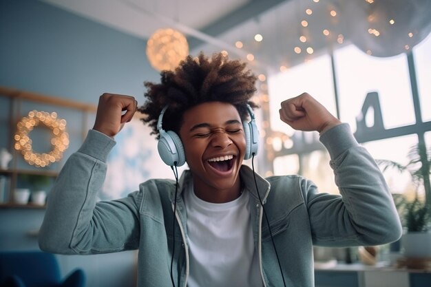 Foto feliz engraçado gen z hipster adolescente afro-americano usando fones de ouvido dançando em casa e ouvindo música no celular.