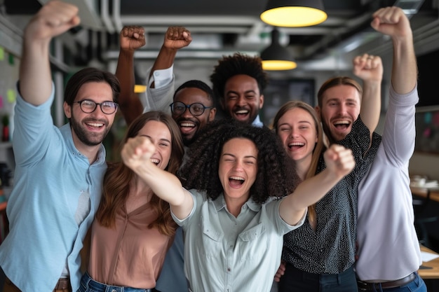 Foto feliz equipa de negócios diversificada no treinamento corporativo.