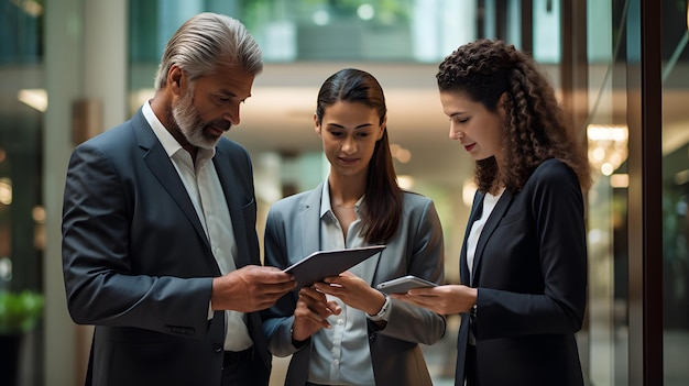 Feliz equipo de empresarios profesionales discutiendo marketing financiero usando tableta digital